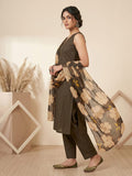 Womens Olive Green Solid Sleeveless Kurta With Straight Pant And Matching Floral Organza Dupatta