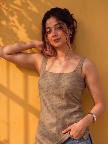 A Chic Sage Green Block-Print Tank Top