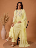 Yellow Embroidered Muslin Kurta Set With Dupatta .
