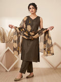 Womens Olive Green Solid Sleeveless Kurta With Straight Pant And Matching Floral Organza Dupatta