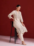 Womens Off-White & Taupe Floral Block Print Kurta Set