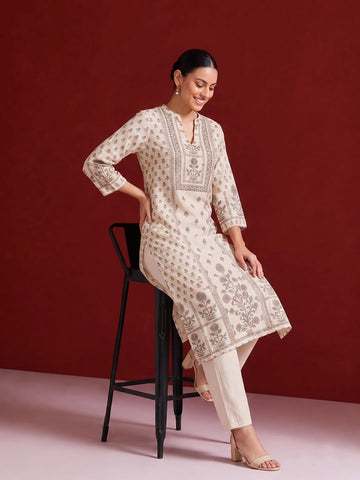 Womens Off-White & Taupe Floral Block Print Kurta Set