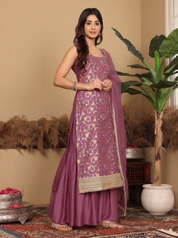 Varanga Women Pink Brocade Strap Sleeves Kurta With Sharara And Dupatta