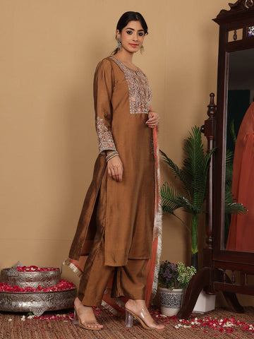 Varanga Women Mustard Zari Embroidered Kurta With Bottom And Dupatta