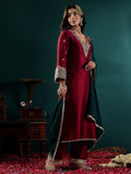 Varanga Women Maroon Contarst Zari Embroidered Kurta With Bottom And Dupatta