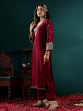 Varanga Women Maroon Contarst Zari Embroidered Kurta With Bottom And Dupatta