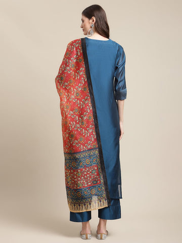 varanga women blue ethnic motifs embroidered chanderi silk kurta with trousers dupatta