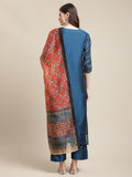 varanga women blue ethnic motifs embroidered chanderi silk kurta with trousers dupatta
