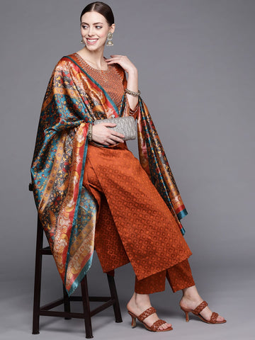 Varanga Women Rust Yoke Design Kurta with Trousers With Dupatta