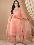 Zari-Embroidered Kurta Paired With Solid Trousers And A Tonal Dupatta .