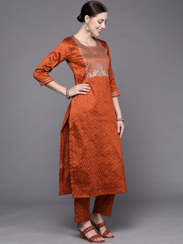 Varanga Women Rust Yoke Design Kurta with Trousers With Dupatta