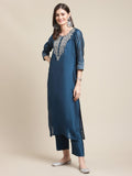 varanga women blue ethnic motifs embroidered chanderi silk kurta with trousers dupatta