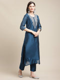 varanga women blue ethnic motifs embroidered chanderi silk kurta with trousers dupatta