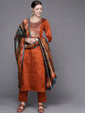 Varanga Women Rust Yoke Design Kurta with Trousers With Dupatta
