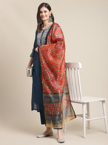 varanga women blue ethnic motifs embroidered chanderi silk kurta with trousers dupatta
