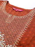 Varanga Women Rust Yoke Design Kurta with Trousers With Dupatta