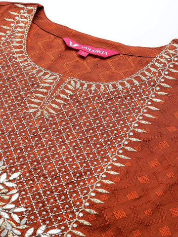 Varanga Women Rust Yoke Design Kurta with Trousers With Dupatta