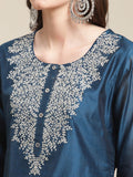 varanga women blue ethnic motifs embroidered chanderi silk kurta with trousers dupatta