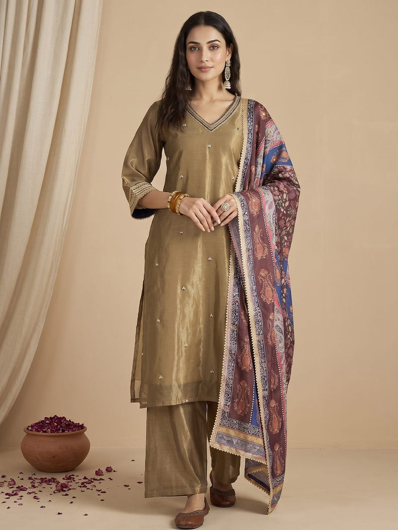 Varanga Women Kurta Set With Intricate Lace Detailing And Solid Ankle-Length Trousers, And Printed Dupatta.