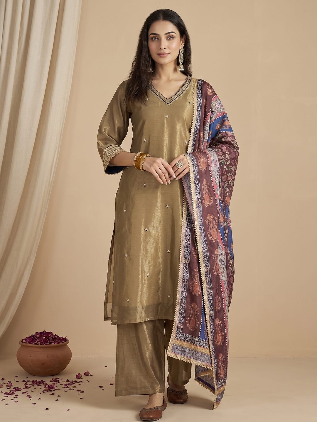 Varanga Women Kurta Set With Intricate Lace Detailing And Solid Ankle-Length Trousers, And Printed Dupatta.
