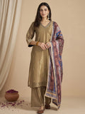 Varanga Women Kurta Set With Intricate Lace Detailing And Solid Ankle-Length Trousers, And  Printed Dupatta.