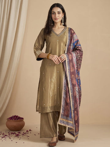 Varanga Women Kurta Set With Intricate Lace Detailing And Solid Ankle-Length Trousers, And Printed Dupatta.