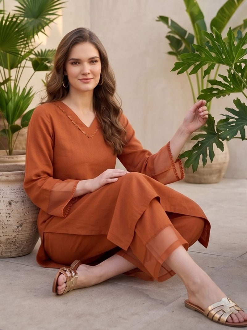 Varanga Women Rust Straight Kurta Paired With Tonal Trouser