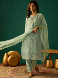 Zari-Embroidered Kurta Paired With Solid Trousers And A Tonal Dupatta
