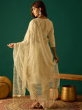 Zari-Embroidered Kurta Paired With Solid Trousers And A Tonal Dupatta
