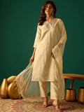 Zari-Embroidered Kurta Paired With Solid Trousers And A Tonal Dupatta