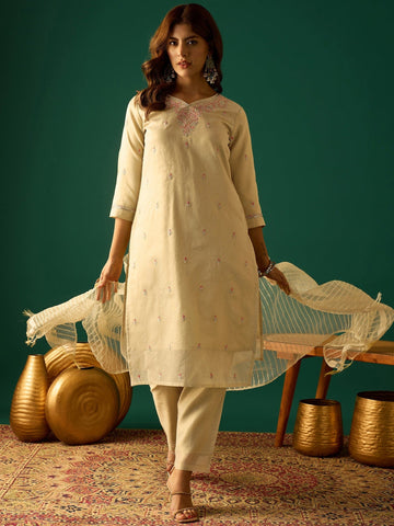Zari-Embroidered Kurta Paired With Solid Trousers And A Tonal Dupatta