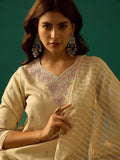 Zari-Embroidered Kurta Paired With Solid Trousers And A Tonal Dupatta
