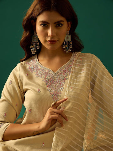 Zari-Embroidered Kurta Paired With Solid Trousers And A Tonal Dupatta