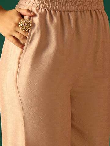 Peach Zari-Embroidered Kurta With Spaghetti Straps, Paired With Solid Trousers And A Lace-Trimmed Dupatta For An Elegant Festive Look