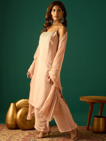 Peach Zari-Embroidered Kurta With Spaghetti Straps, Paired With Solid Trousers And A Lace-Trimmed Dupatta For An Elegant Festive Look