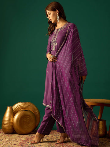 Kurta With Zari Embroidery, Teamed With Trousers And Paired With Dupatta Featuring Lace Detailing