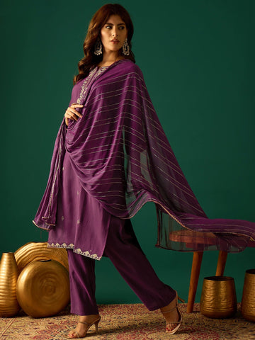 Kurta With Zari Embroidery, Teamed With Trousers And Paired With Dupatta Featuring Lace Detailing
