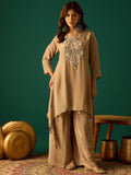 C Cut Kurta-Trouser Set Featuring Delicate Thread And Bead Embroidery, Paired With Flared Solid Trousers For A Chic And Comfortable Ethnic Ensemble