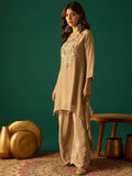 C Cut Kurta-Trouser Set Featuring Delicate Thread And Bead Embroidery, Paired With Flared Solid Trousers For A Chic And Comfortable Ethnic Ensemble