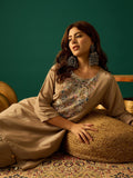 C Cut Kurta-Trouser Set Featuring Delicate Thread And Bead Embroidery, Paired With Flared Solid Trousers For A Chic And Comfortable Ethnic Ensemble