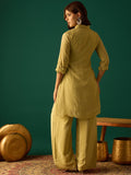 Olive Shirt Style Kurta- Paired With Flared, Solid Ankle-Length Trousers For A Timeless Ethnic Look