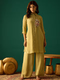 Olive Shirt Style Kurta- Paired With Flared, Solid Ankle-Length Trousers For A Timeless Ethnic Look