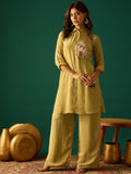 Olive Shirt Style Kurta- Paired With Flared, Solid Ankle-Length Trousers For A Timeless Ethnic Look