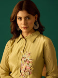 Olive Shirt Style Kurta- Paired With Flared, Solid Ankle-Length Trousers For A Timeless Ethnic Look