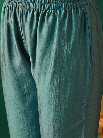 A-Line Kurta With A Zari Embroidered Yoke And V-Neck, Paired With Solid Ankle-Length Trousers For A Graceful Ethnic Look