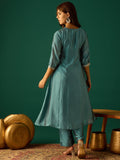 A-Line Kurta With A Zari Embroidered Yoke And V-Neck, Paired With Solid Ankle-Length Trousers For A Graceful Ethnic Look