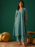 A-Line Kurta With A Zari Embroidered Yoke And V-Neck, Paired With Solid Ankle-Length Trousers For A Graceful Ethnic Look
