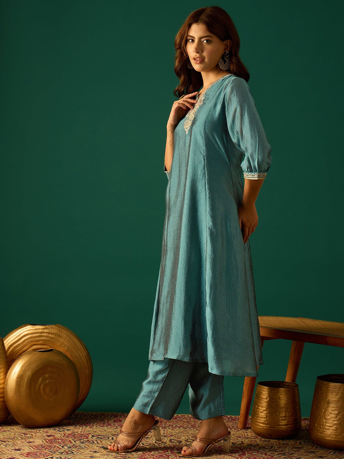 A-Line Kurta With A Zari Embroidered Yoke And V-Neck, Paired With Solid Ankle-Length Trousers For A Graceful Ethnic Look