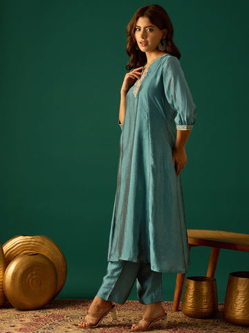A-Line Kurta With A Zari Embroidered Yoke And V-Neck, Paired With Solid Ankle-Length Trousers For A Graceful Ethnic Look