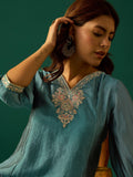 A-Line Kurta With A Zari Embroidered Yoke And V-Neck, Paired With Solid Ankle-Length Trousers For A Graceful Ethnic Look